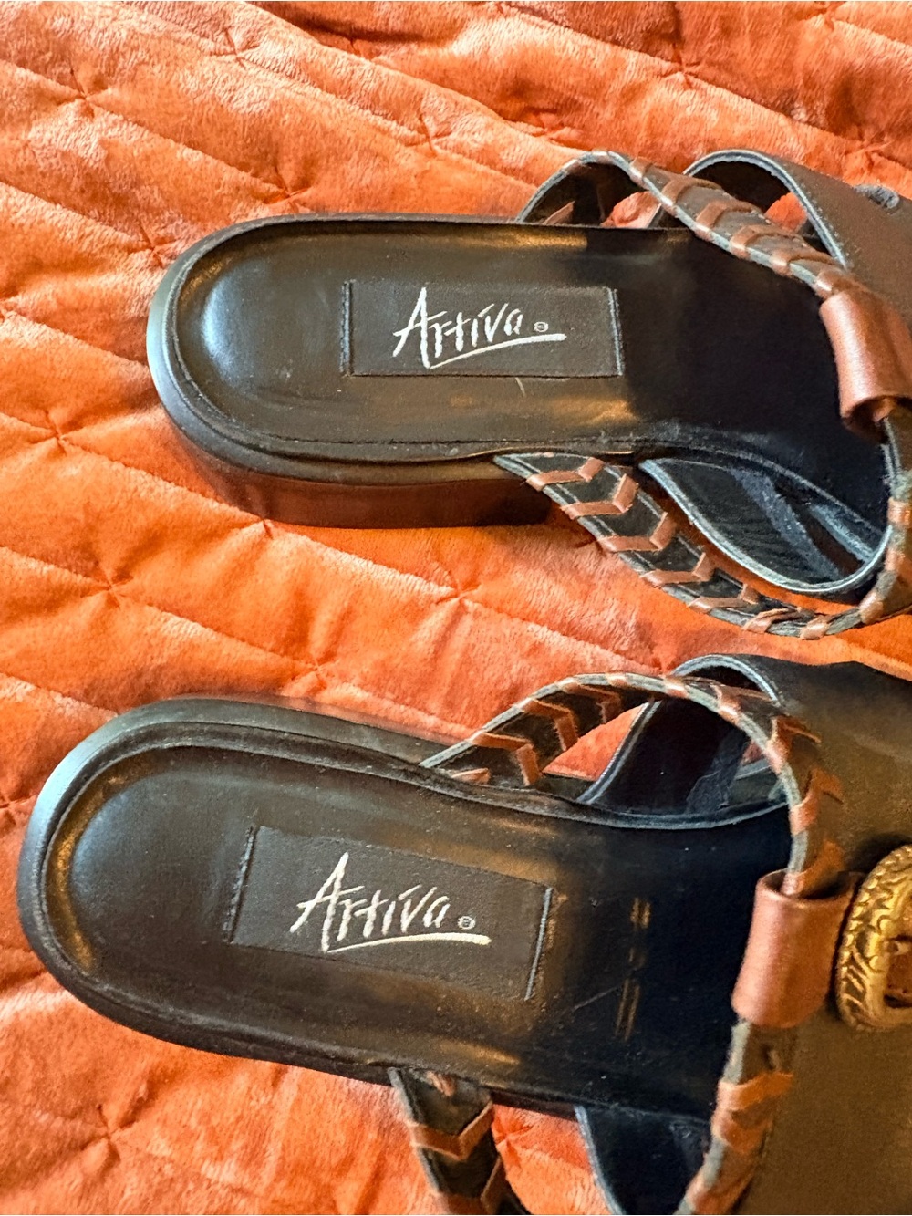 Ativa Women’s Black Leather Slide Sandals with Brown Buckle Detail - Picture 3 of 8